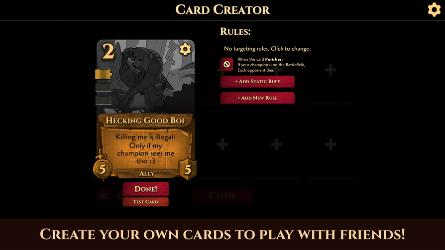 Image of the Card Creator with caption "Create your own cards to play with Friends!"