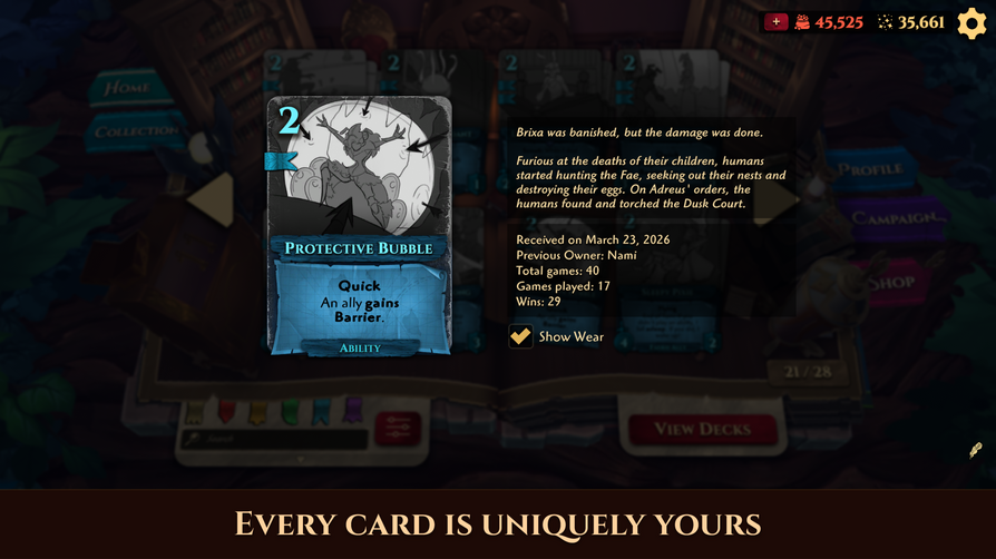 Image of A "Worn" card, captioned "Every Card is Uniquely Yours"